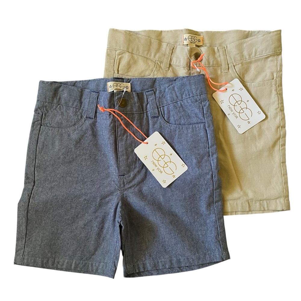 Egg New York pair of Aiden lightweight shorts in blue denim color and khaki